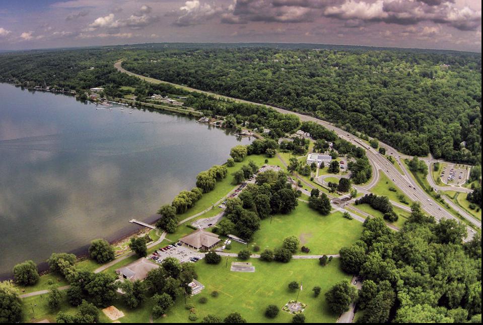 Stewart Park looking northeast with carousel at left and the large pavilion at center left